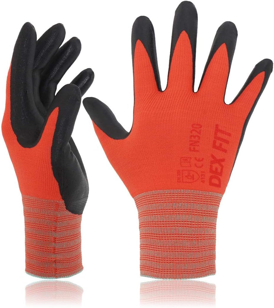 DEX FIT Premium Nylon Work Gloves FN320 - Firm Nitrile Grip, 3D-Comfort Stretchy Fit, Thin & Lightweight, Protective & Durable, Breathable, Machine Washable; Red 9 (L) 3 Pairs