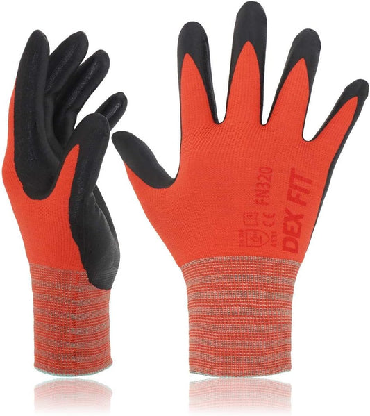 DEX FIT Premium Nylon Work Gloves FN320 - Firm Nitrile Grip, 3D-Comfort Stretchy Fit, Thin & Lightweight, Protective & Durable, Breathable, Machine Washable; Red 10 (XL) 3 Pairs