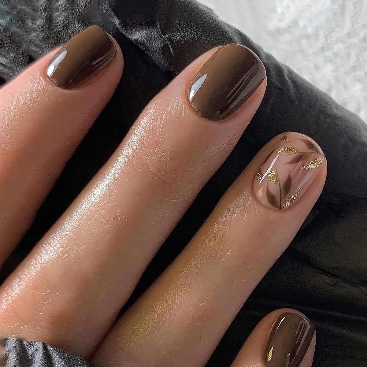 Dark Brown Press on Nails Short Square Fake Nails with Golden Leaf Accents Glitter Designs, Glossy Gel Finish Acrylic Short Fake Nails, Thick Natural Glue on Nails Kit for Women, 24Pcs