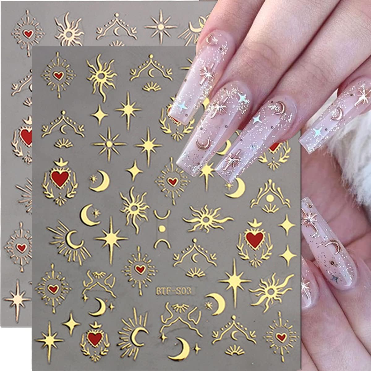 Gold Silver Nail Art Stickers Decals 6 Sheets Moon Star Nail Stickers 3D Self Adhesive Nail Decals Heart Moon Starlight Star Nail Art Design Decoration Accessories for Women Girls