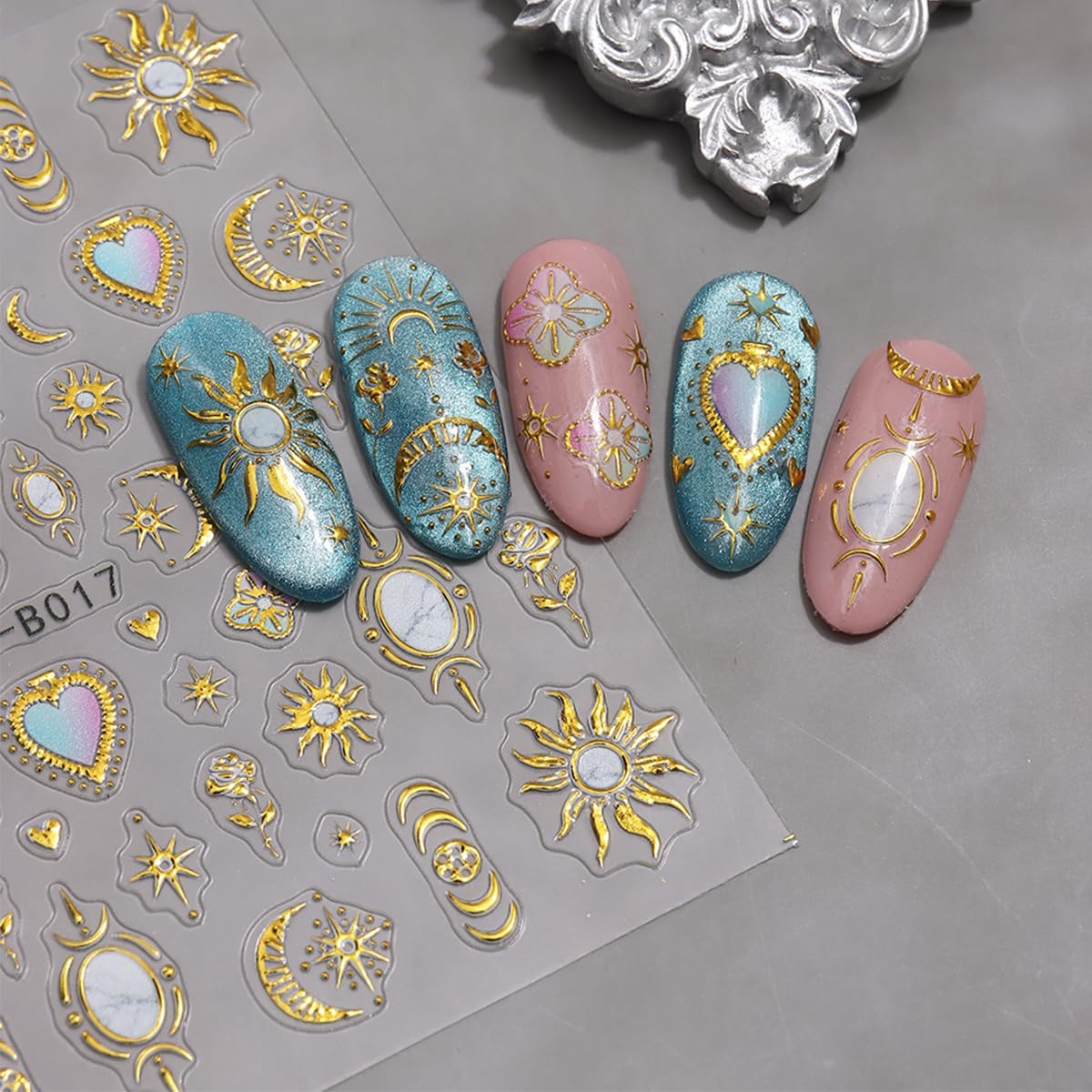 3 Sheets Bohemian Style Nail Stickers 5D Embossed Star Nail Art Stickers Self-Adhesive Heart Moon Sun Nail Decals Bohemia Metallic Nail Designs Accessories Stars Nail Decoration for Women Girls DIY