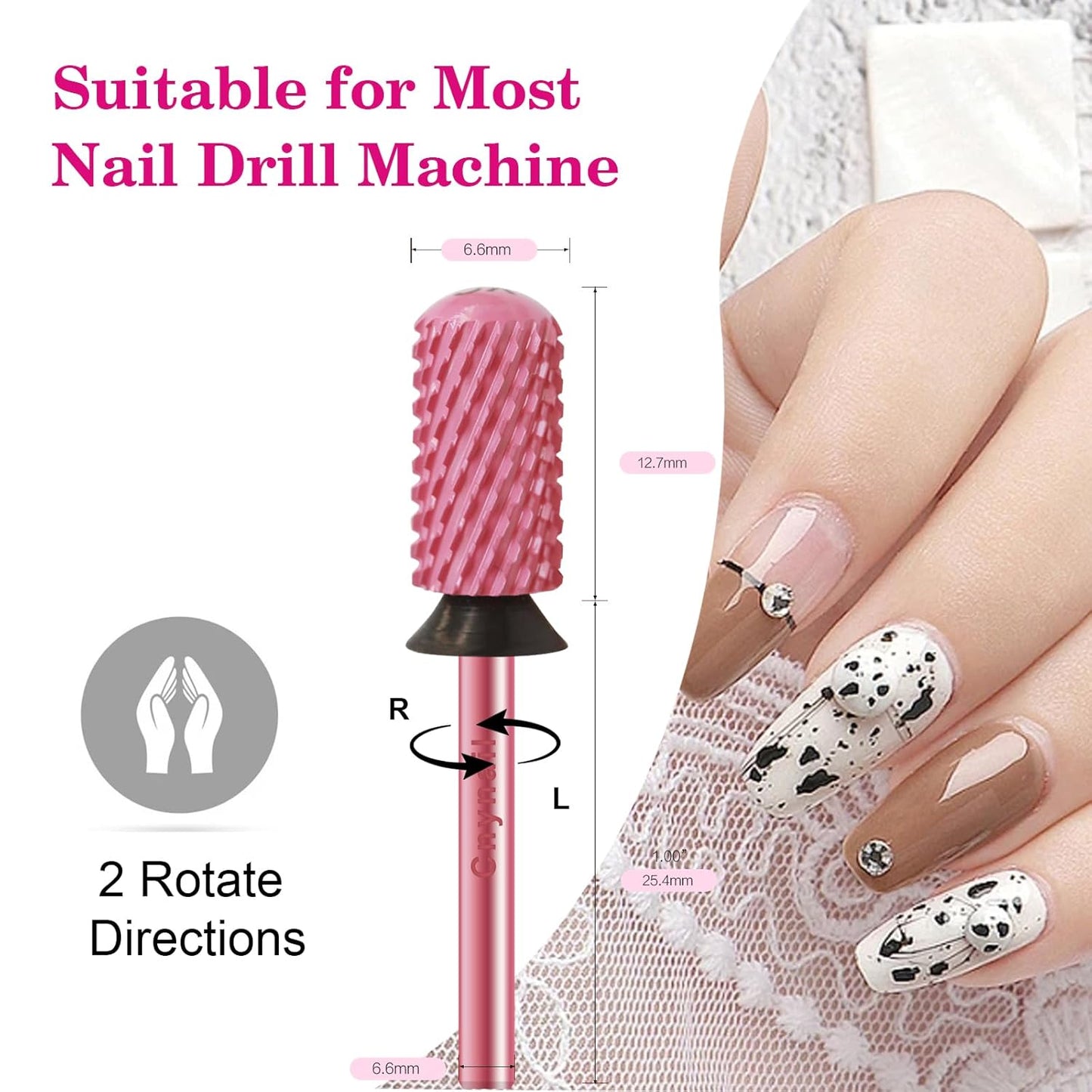 3/32" Large Barrel Smooth Round Top Tungsten Carbide Nail Drill Bit Safety for Gel & Acrylic Removal 2-Way Rotating Efile Tip Professional Salon Electric File Accessory (XC Grit, Rose Red)
