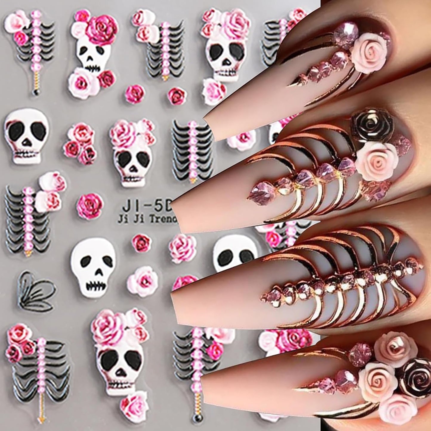 Skull Nail Art Stickers Halloween Pink Red Rose Skeleton Hand Bone Nail Decals 5D Embossed Self-Adhesive Nail Art Supplies White Skull Nail Design Manicure Sliders for Women Nail Decorations 2PCS