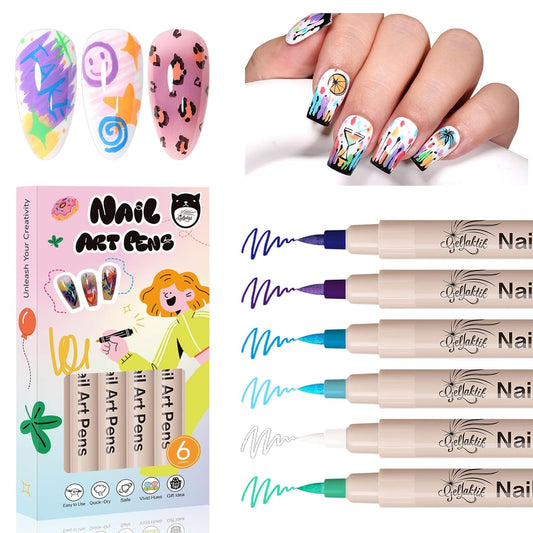 6 Colors Nail Art Pens Set - 3D Nail Polish Pens 0.7MM Acrylic Paint Pens Nail Markers for Nail Art Dotting Drawing Painting Liner Brush for DIY Home & Salon Halloween Decoration Beginners Gifts