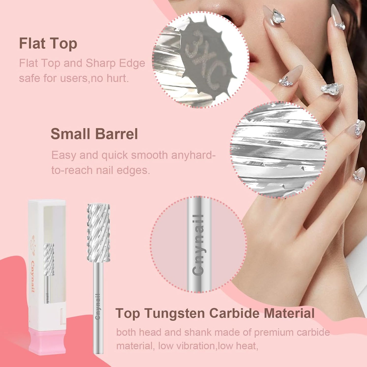 3/32" 5.35MM Small Barrel Flat Top Bit Tungsten Carbide Nail Drill Bit Safety Bit for Gel & Acrylic Removal, 2-Way Rotating Efile Tip, Salon Electric File Accessory (3XC Grit, Silver)