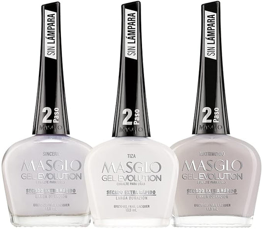 MASGLO Gel Evolution – Set of 3 Nail Polishes No UV/LED Lamp Needed, Fast-Drying, 12-Day Wear, 14-Free Formula, High-Gloss Finish, vegan (0.5 oz Each)