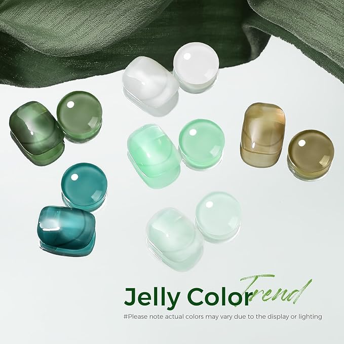 Jelly Green Nail Polish Set: Sheer Glass Fingernail Polish Kit Quick Air Dry 6 Colors Nail Polish Pack Milky White Regular Mini Finger Toe DIY Art Salon Gift for Women