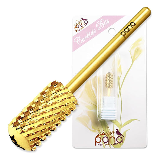 PANA 3/32" Large Smooth Round Top Safety Carbide Nail Drill Bit for Gel Polish & Acrylic Removal Nail Salon Manicure Pedicure Electric File Tools (Large Barrel - Gold, 2X Coarse)