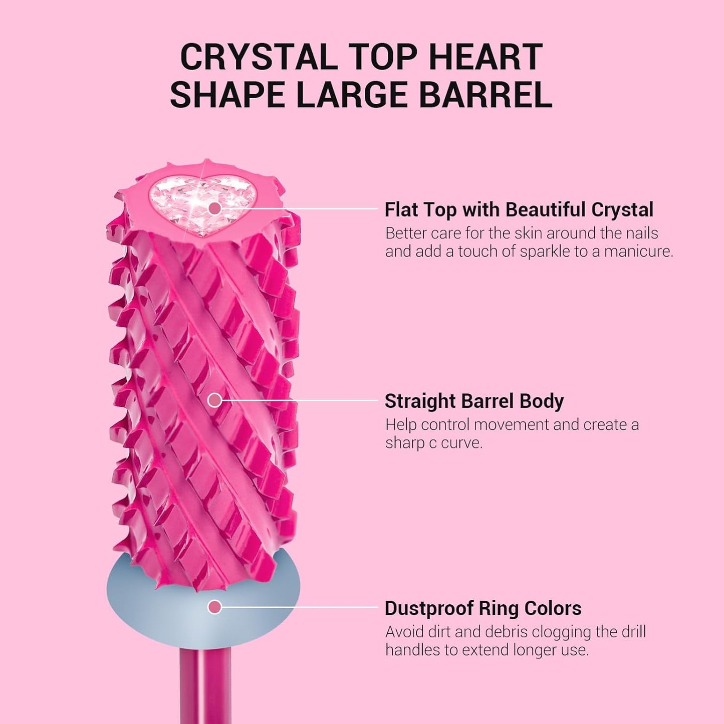 MelodySusie Large Barrel 3/32'' Tungsten Carbide Nail Drill Bit, Crystal Top Pink Heart Shape, Fast Remove Acrylic Gel, Cuticle Gel Polishing for Manicure Pedicure, Pink Blossom, Series Bit-S, 4XC