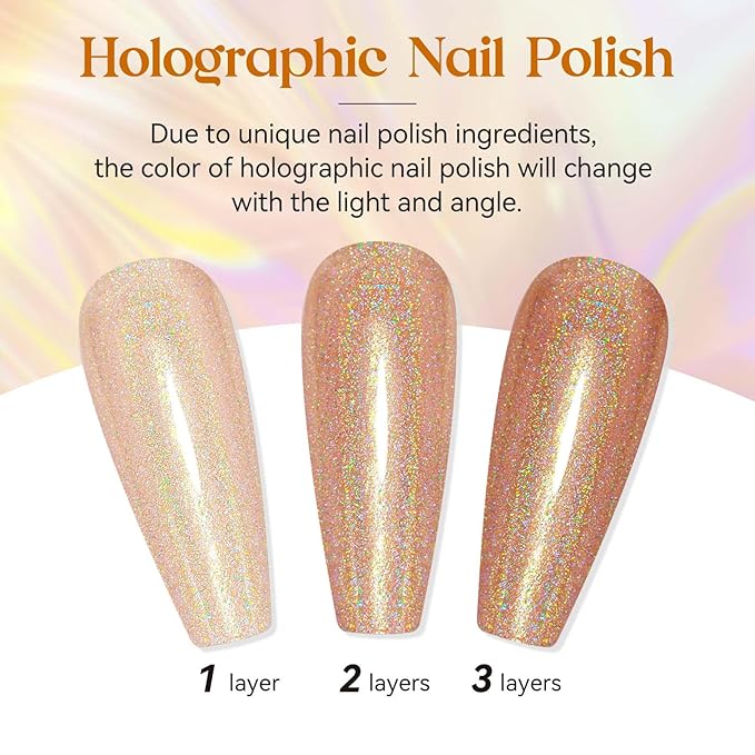 MIZHSE Holographic Nail Polish, Light Brown Shimmery Nail Polish Non Gel, Air Dry Fast Glossy Shiny Nail Pigment Oil-based Laser Iridescent Chrome Nail Art Salon Manicure Home