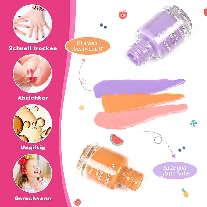 wakaniya Kids Nail Polish Set, Non-Toxic Peel-Off Quick Dry Mini Nail Polish for Girls 8 Colors Set with Gems Stickers