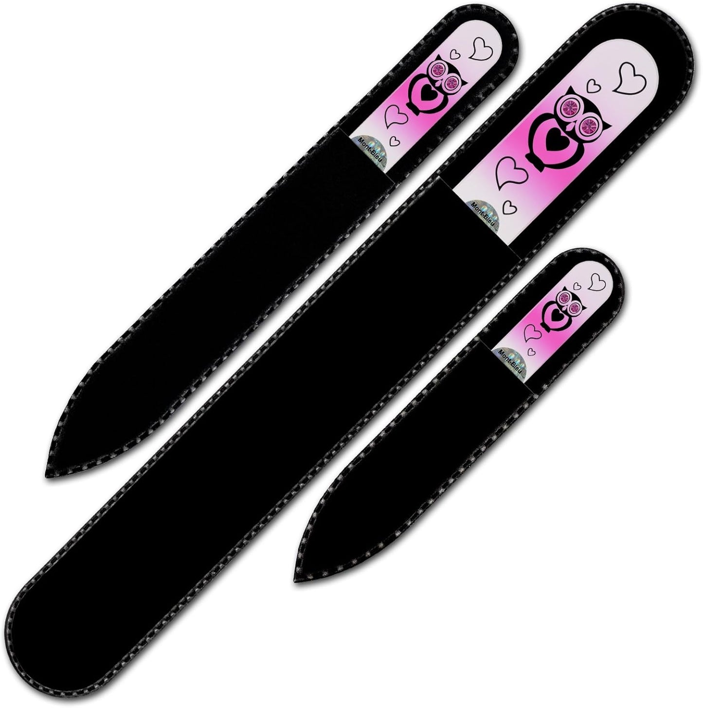 Mont Bleu Set of 3 Owls Crystal Nail Files hand decorated with crystals - Handmade - Czech Tempered Glass