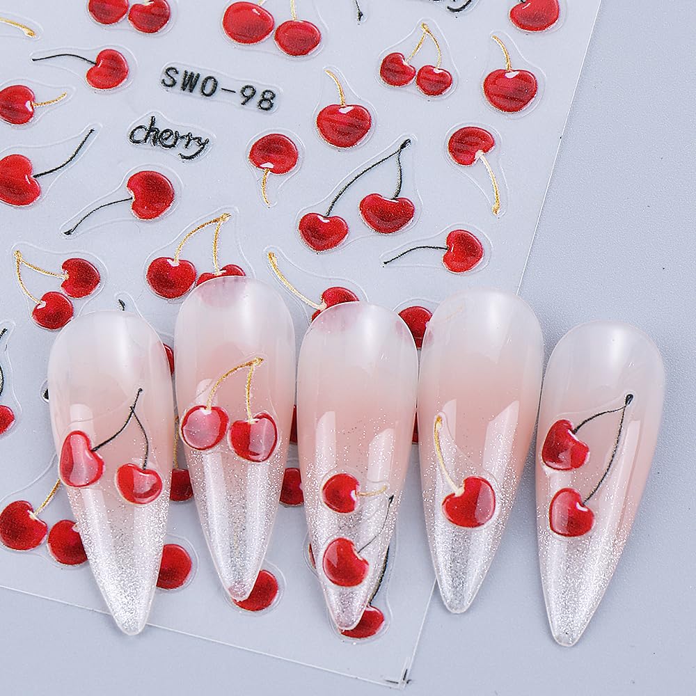 Cherry Nail Art Stickers Decals Summer Fruit Cherry 5D Embossed Nail Decals 3PCS Self-Adhesive Cherries Design Summer Stickers for Nails Art Decorations Supplies Manicure Sliders Accessories for Women