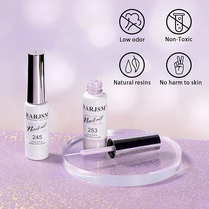 RARJSM Pearl Gel Liner Nail Art 2 Pcs Set Pearlescent Milky White Light Purple Golden Shell Glitter Swirl Effect Gel Nail Polish 8ml Build in Thin Brush Painted Striper GelPolish Curing Requires