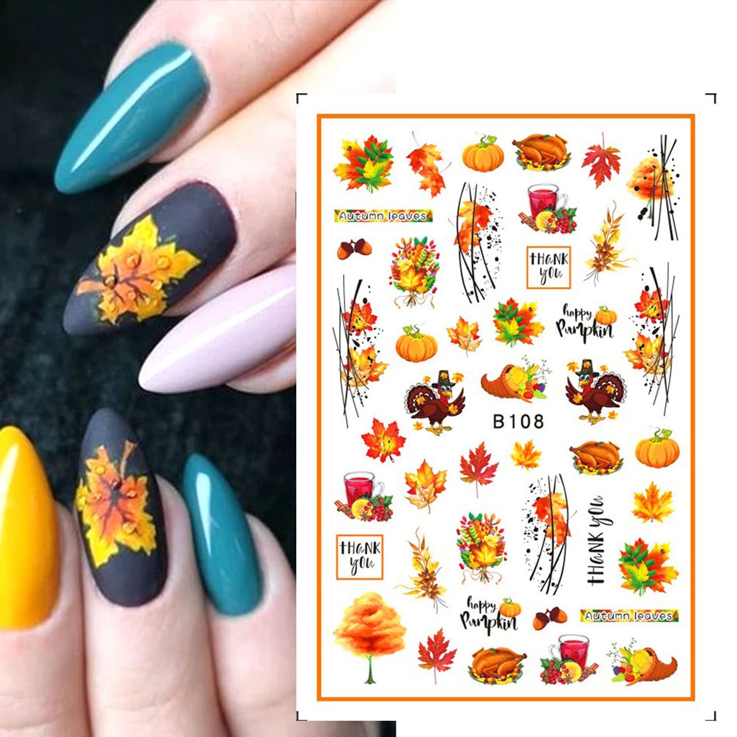 Fall Nail Art Stickers - 10 Sheets Maple Leaf Nail Art Supplies - 3D Self-Adhesive Nail Decals Autumn Thanksgiving Maple Leaves Pumpkin Turkey Nail Sticker for Women Manicure Decoration