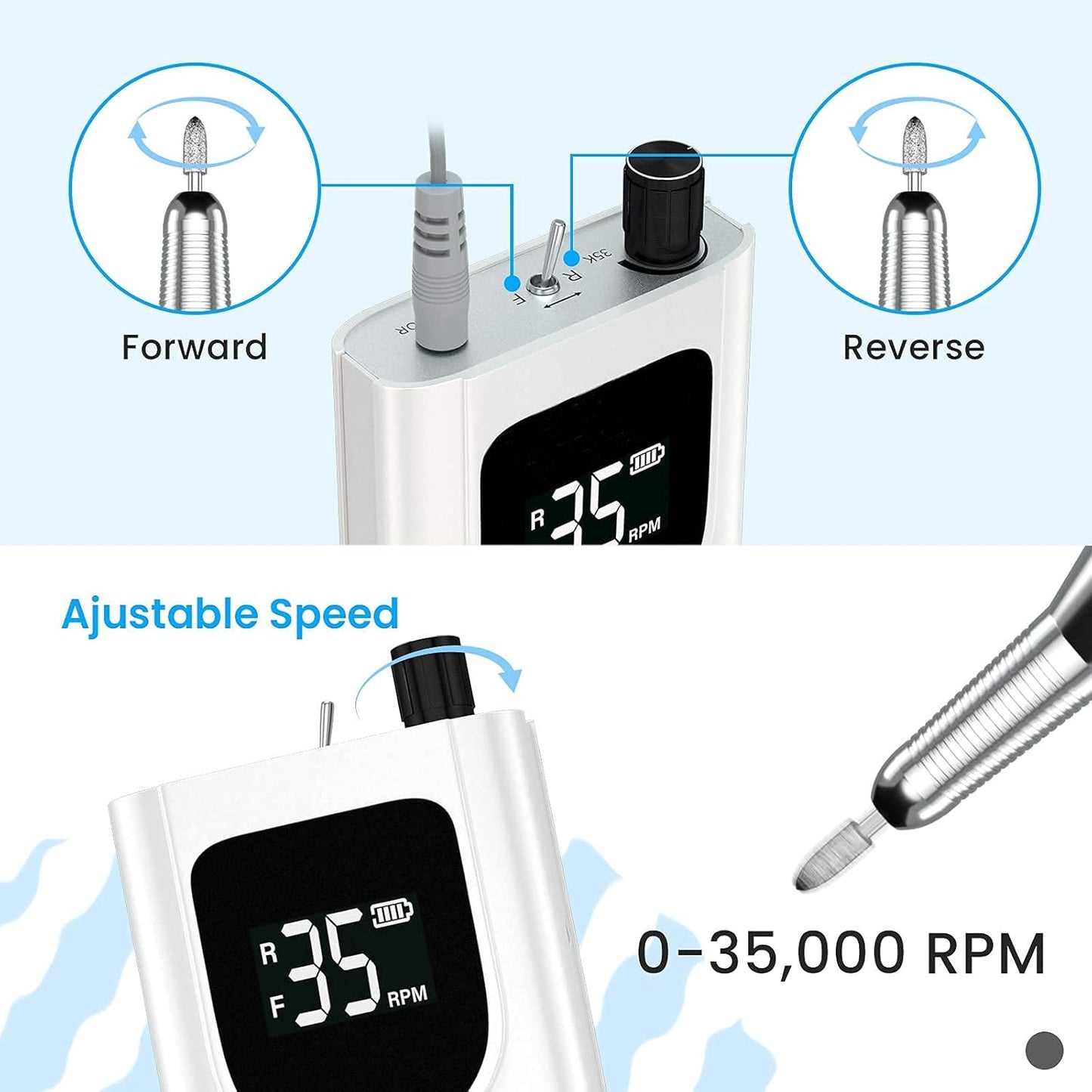 Delanie Electric Nail Drill Professional 35000 RPM Rechargeable Portable E-File for Nail Tech, White