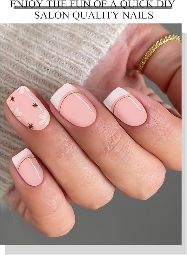 EBANKU 20Pcs Semi-Cured Gel Nail Strips, French Flower Nail Sticker, Lasting Waterproof Full Wraps Stickers for Salon Manicures, Perfect for Women, Girl with File and Stick