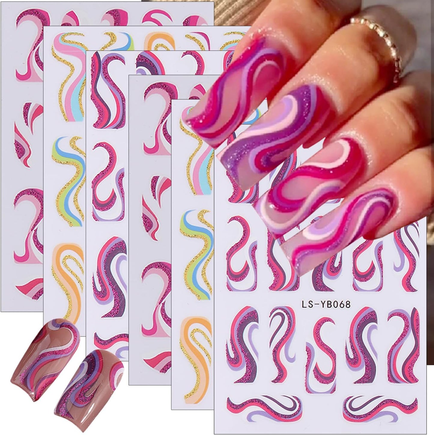 6Sheets Color French Nail Art Stickers 3D Self-Adhesive French Tip Line Nail Decals Colorful Geometric Curve Stripe Nail Stickers French Nail Tips Guides Nail Art Supplies for Women DIY Manicure Charm