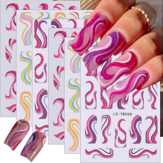 6Sheets Color French Nail Art Stickers 3D Self-Adhesive French Tip Line Nail Decals Colorful Geometric Curve Stripe Nail Stickers French Nail Tips Guides Nail Art Supplies for Women DIY Manicure Charm
