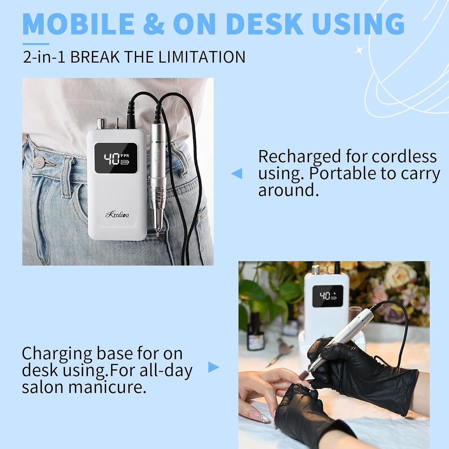 Kredioo Professional Nail Drill Brushless 40,000RPM Rechargeable 2-in-1 Portable Electric Nail File Ultra Silent Salon Must Haves Nail Tool Kit Removing Acylic Gels