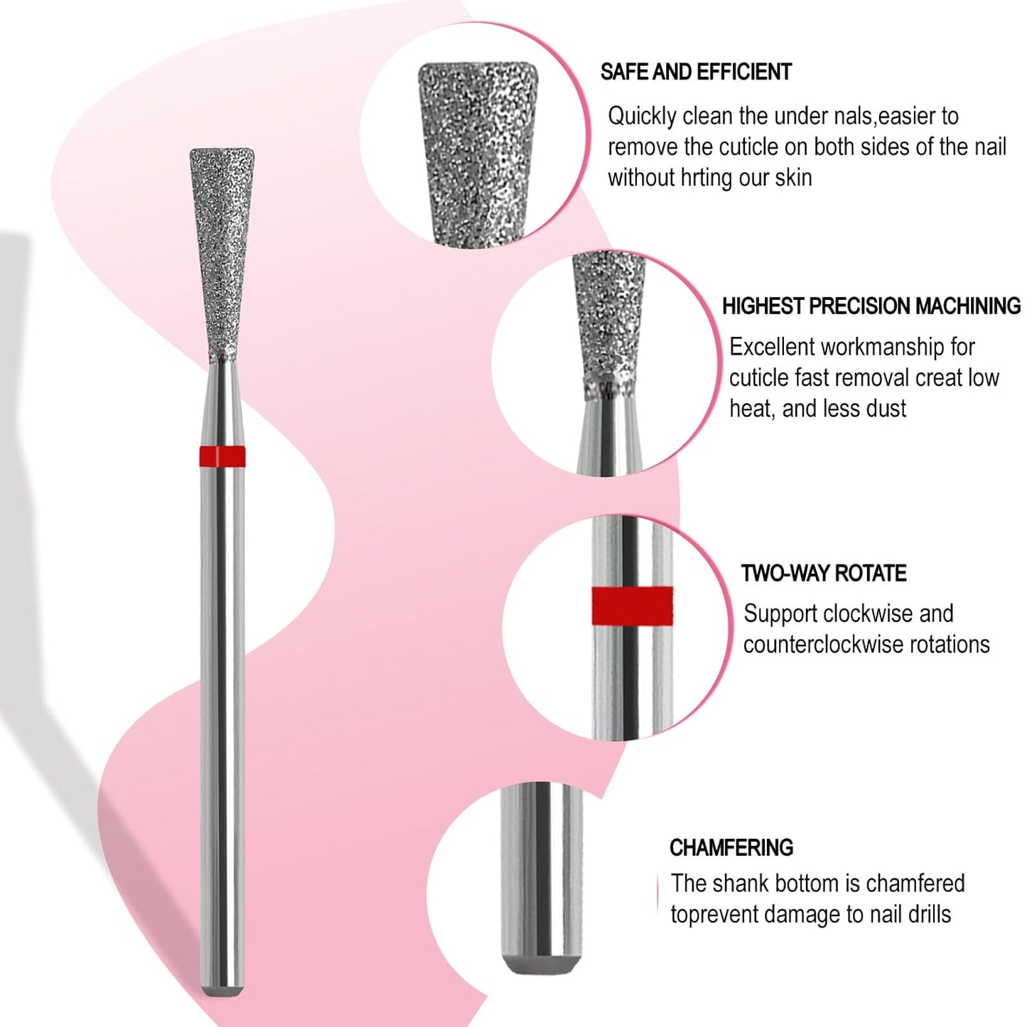 Cuticle Nail Drill Bit, 3/32'' Professional Safety Diamond Under Nail Cleaner for Cuticle Dead Skin Nail Prepare, Beginners Bits, Experienced Tech, Inverted Tapered (Fine)