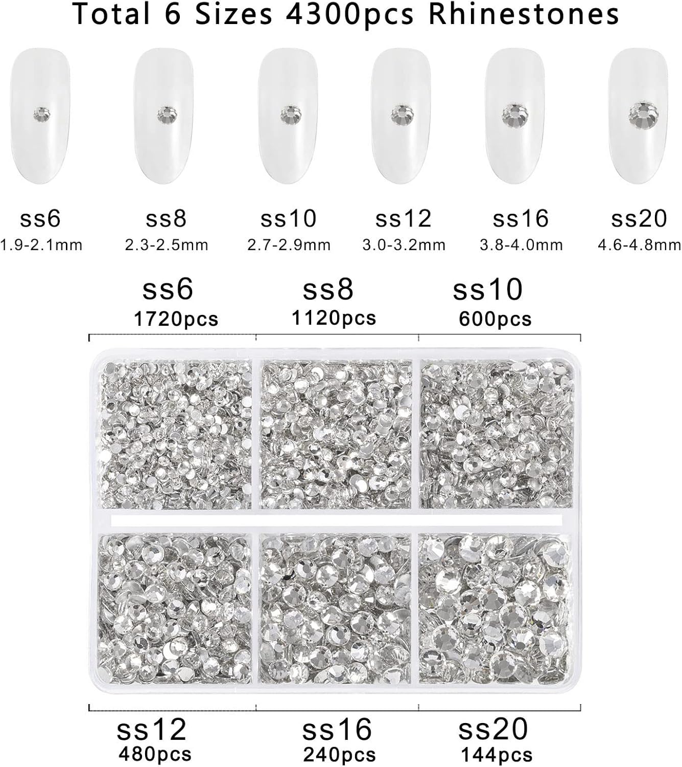 Beadsland 4300pcs Flatback Rhinestones,Clear Rhinestones Nail Gems Round Crystal Rhinestones for Crafts,Mixed 6 Sizes with Picking Tweezers and Wax Pencil Kit, SS6-SS20,Crystal