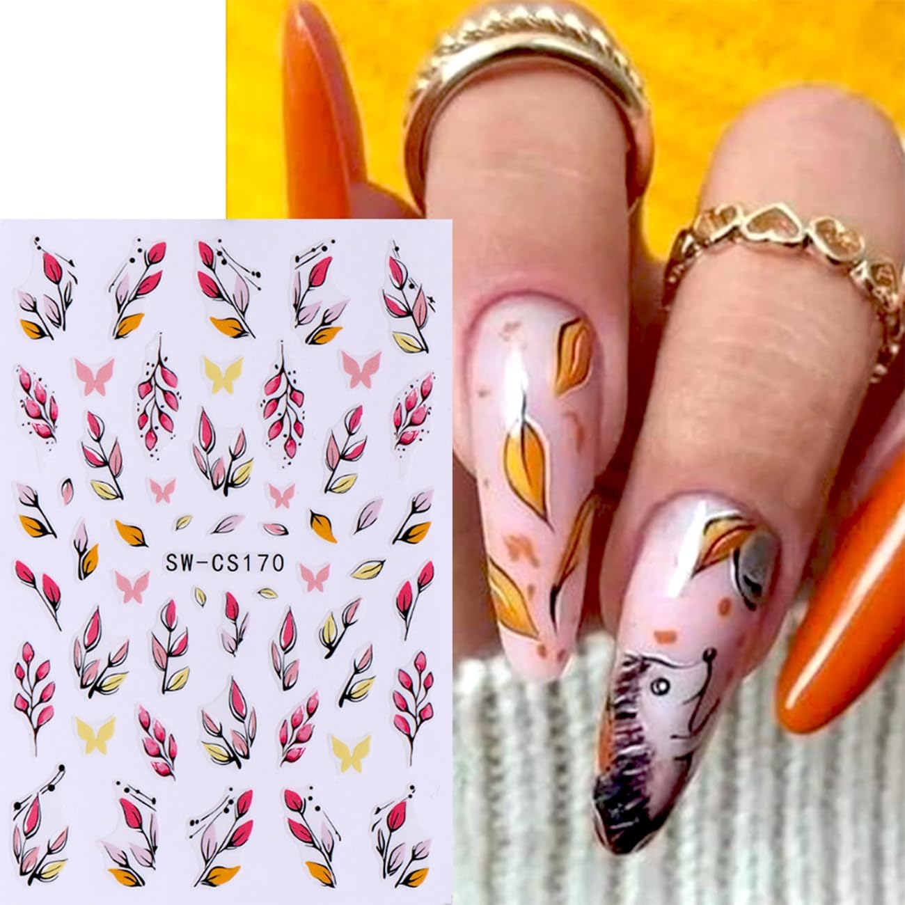 Autumn Leaf Nail Sticker - Fall Pumpkin Decals 3D Self-Adhesive Cute Leaves Supplies Thanksgiving Day Art Design DIY Manicure Decoration Tip Accessories 6 Sheets