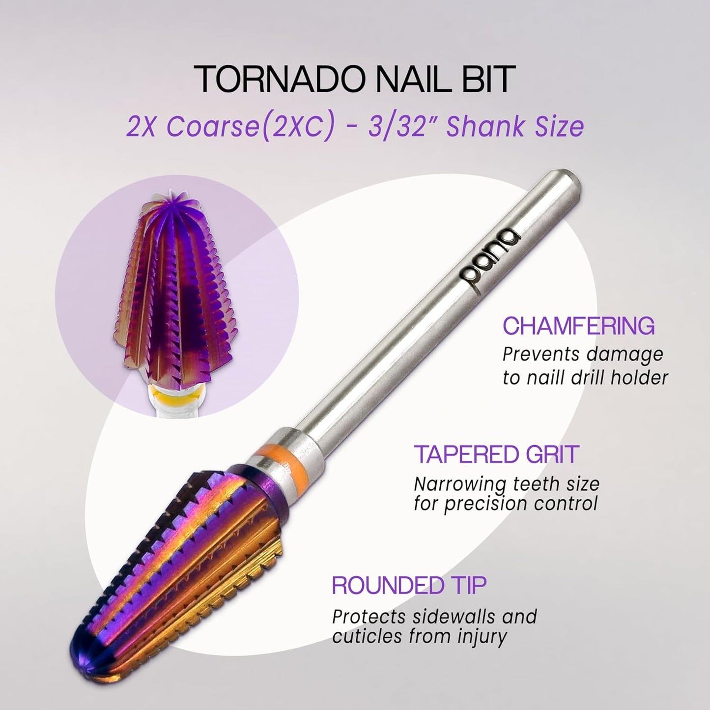 PANA 3/32" Purple Tornado Carbide Nail Drill Bit for Acrylics, Nail Extension, Gel Polish Removal Nail Salon Manicure Pedicure Electric File Tools (2X Coarse - 2XC)