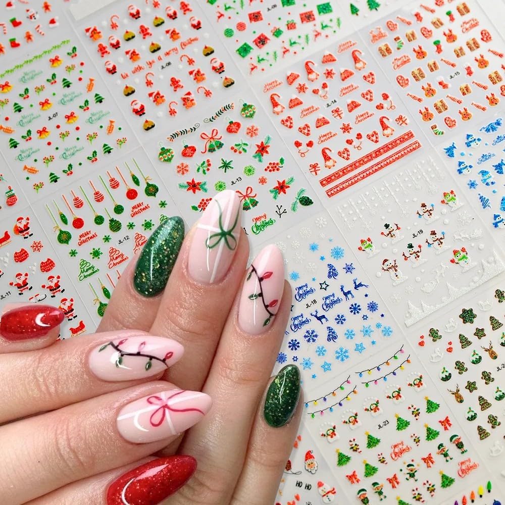 30PCS Christmas Nail Art Stickers Snowflakes Claus Reindeer 3D Self-Adhesive Xmas Nail Decals Nail Art Supplies Xmas Tree Wreath Gingerbread Man Design Christmas Stickers for Holiday Nail Decorations