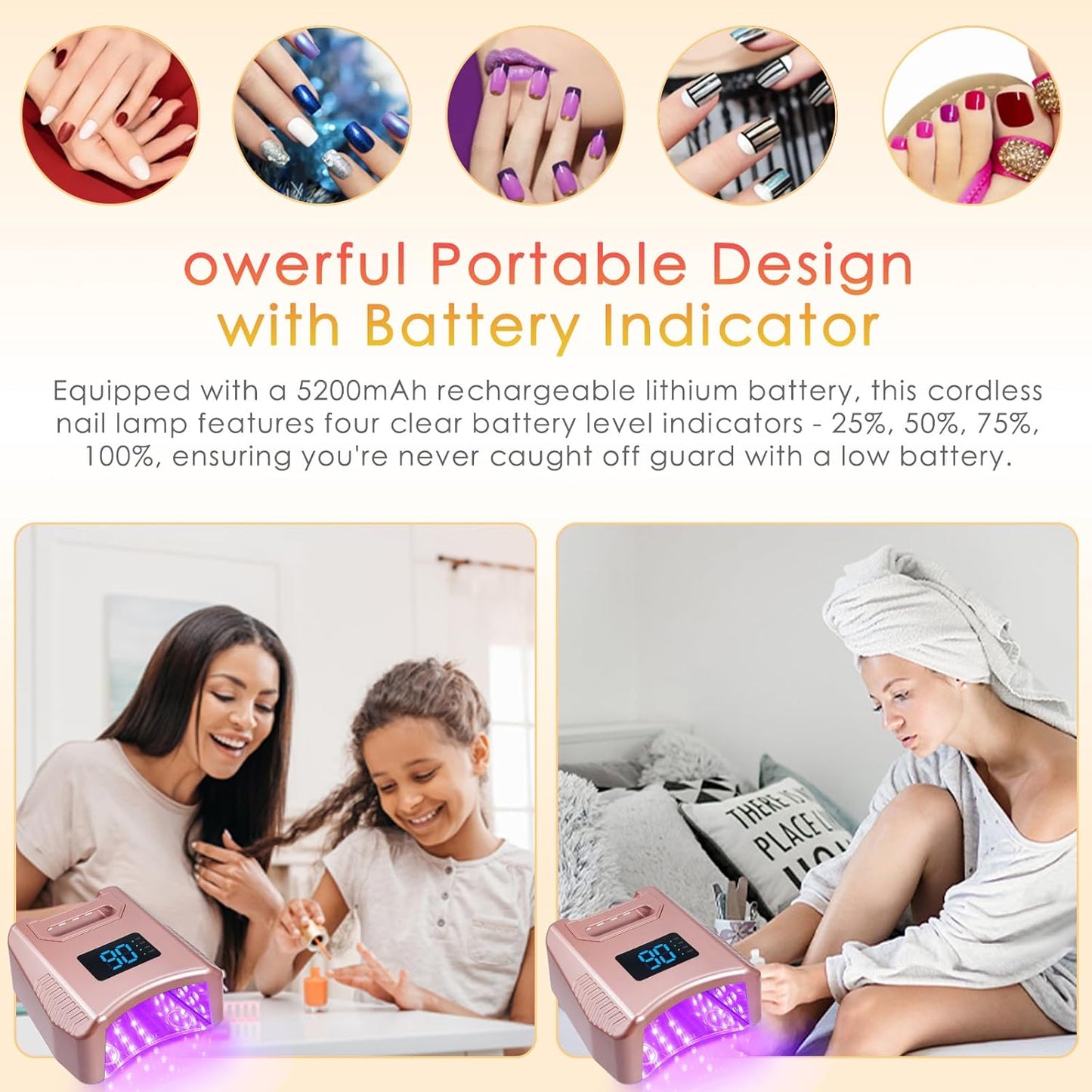Cordless UV LED Nail Lamp 80W 52LEDs Gel Nail Polish Dryer Quick Drying Fingernail Toenail Curing Lamp 4 Timer Settings with Auto Sensor Digital Display Screen Nail Art Salon Tool