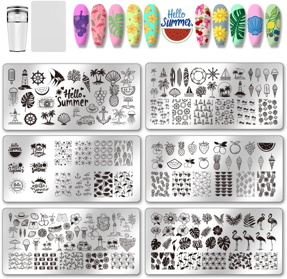 PH PandaHall Summer Nail Stamping Plate Kit, 6pcs Ocean Beach Templates Nail Art Stencils Stainless Steel Image Plates with Silicone Nail Stamper Scraper Tool for Women Manicures Salon Design