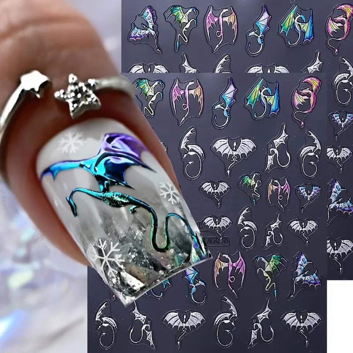 5D Embossed Dragon Nail Art Stickers 2PCS Silvery Flying Devil Bat Halloween Nail Decals Nail Art Supplies Sweet& Cool Flying Dragon Self-Adhesive Nail Stickers for Women DIY Nail Salon Decoration