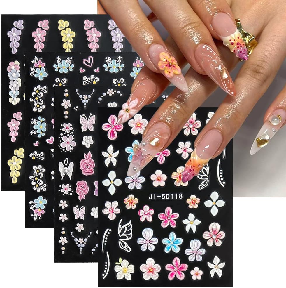5D Embossed Flowers Nail Stickers, 4 Sheets Self-Adhesive Colorful Summer Floral Nail Decals Hibiscus Rose Butterfly Nail Art Design Manicure Decoration Accessories for Women Girls