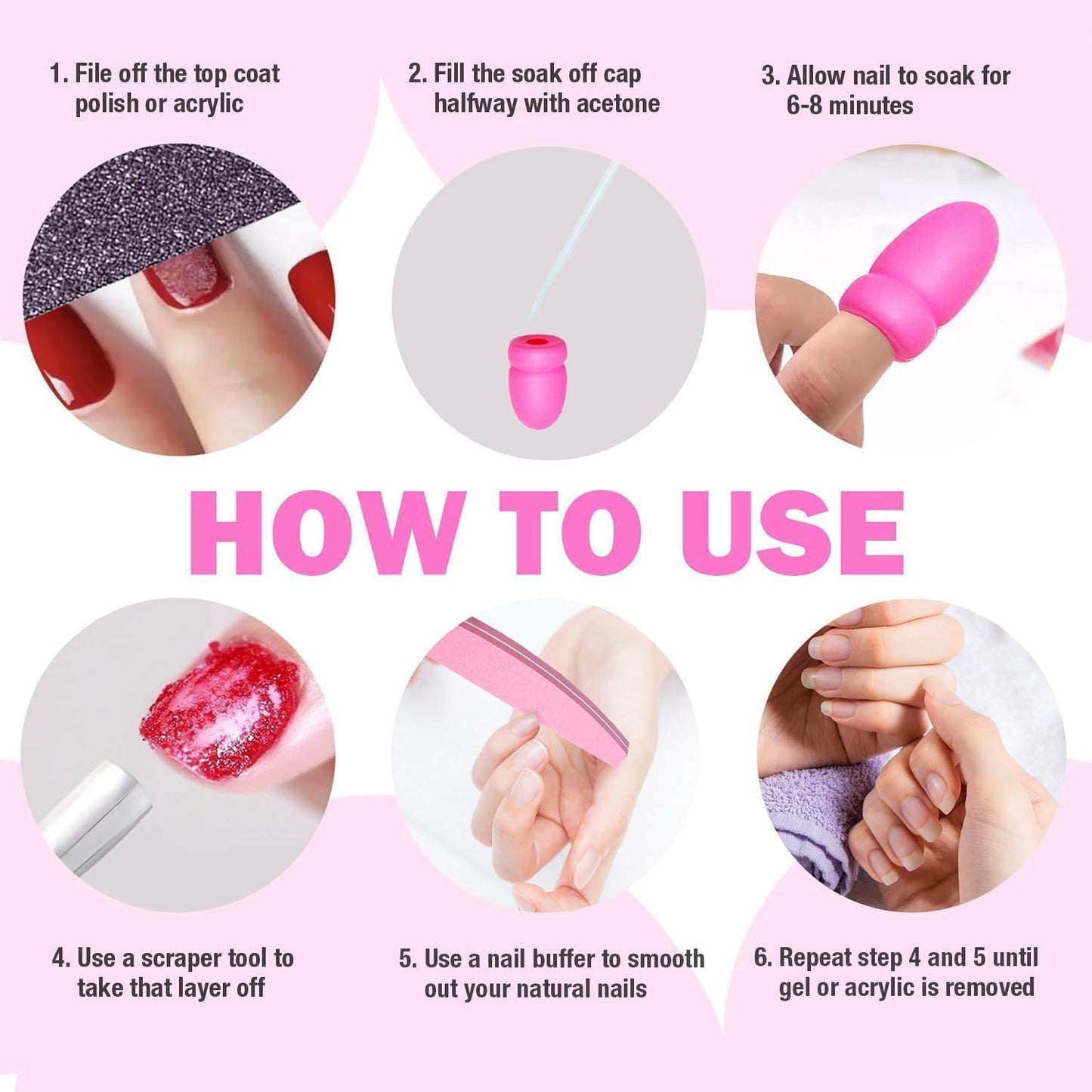 Nail Polish Remover Soak Bowl [2 PCS], Gel Polish Remover Refill Kits for Nails Including 10 PCS Soak Off Caps, Nail Buffer Block, Nail File, Cuticle Pusher, Pipette