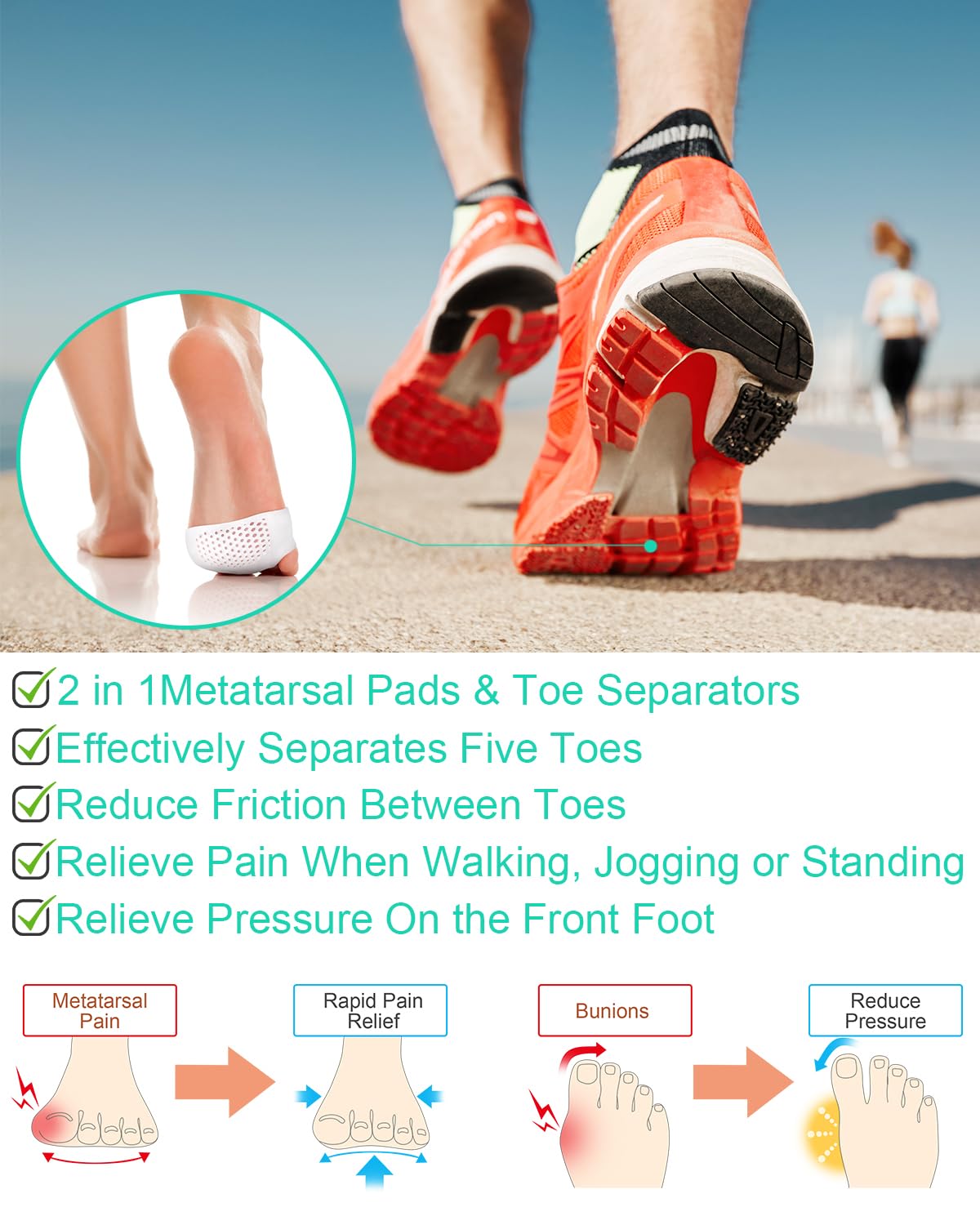 1 Pair Metatarsal Pads Toe Separators for Bunion Correction,Soft and Breathable Hammer Toe Corrector Toe Spacers for Women Men Feet Relief