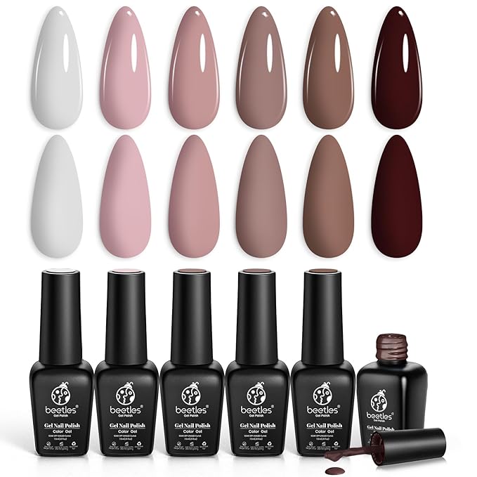 Beetles Winter Gel Polish Colors Brown Beige Mauve Pink Nude White Neutral 6 Colors Gel Nail Polish Set for Nail Art Manicure Soak Off Uv LED Nail Lamp Needed Gifts for Women Coffee Time