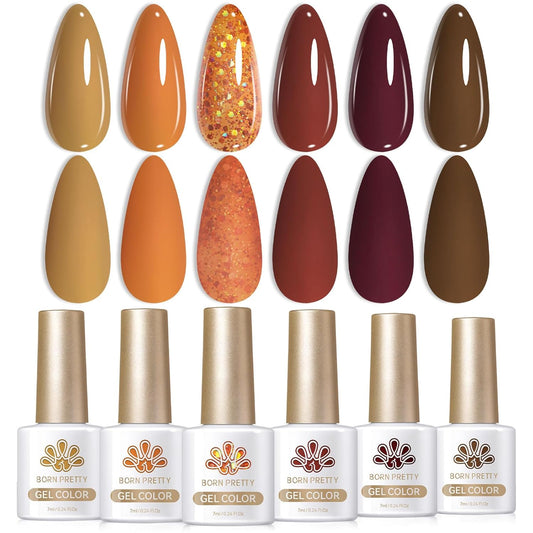 BORN PRETTY Fall Winter Gel Nail Polish Pumpkin Red Caramel Orange Brown Halloween Gel Nail Kit Cozy Campfire Autumn Gel Polish Set Nail Art Manicure Collection Christmas Gift 6PCS 7ML