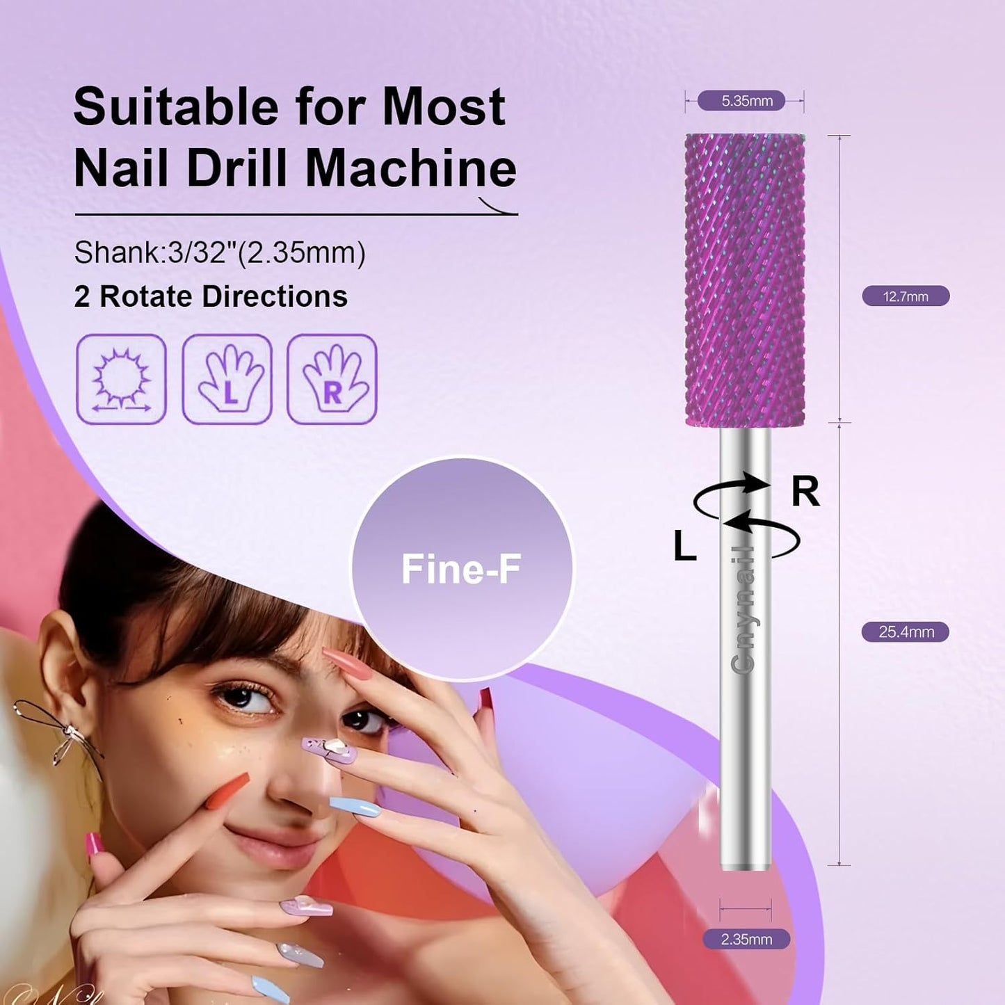 3/32" Small 5.35MM Barrel Bit Tungsten Carbide Nail Drill Bit Safety Bit for Gel & Acrylic Removal, 2- Way Rotating Efile Tip, Salon Electric File Accessory (F Girt, Purple)
