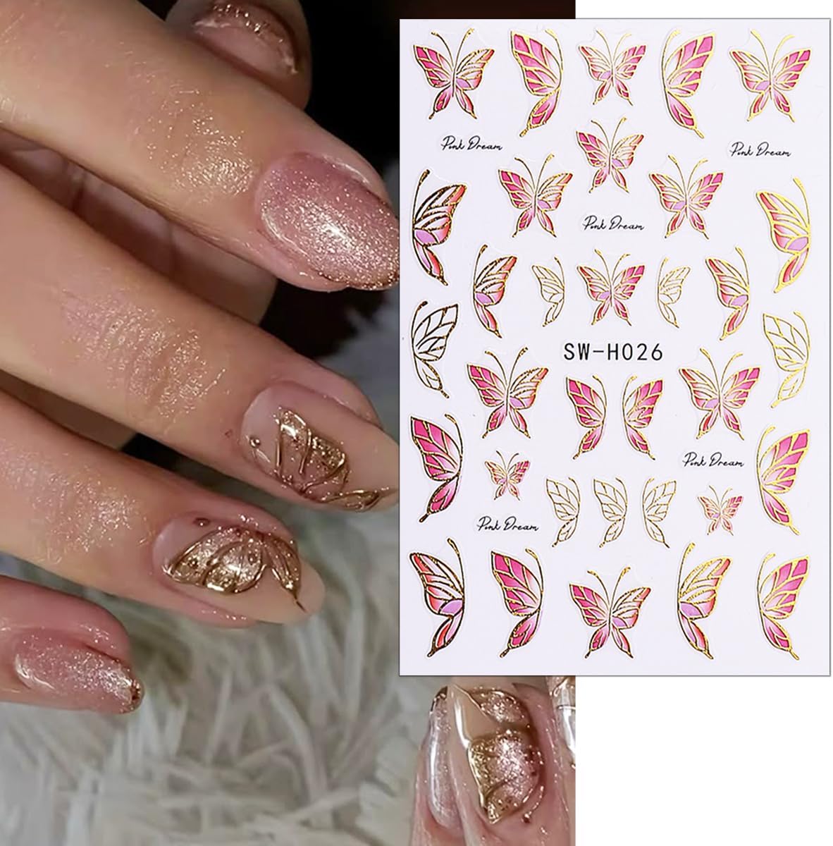 6 Sheets Spring Flower Nail Decals for Nail Art Gold Pink Butterfly Nail Stickers 3D Blue Flowers Nail Decals Self-Adhesive Summer Butterfly Nail Supplies for Women Girls DIY Nails Designs