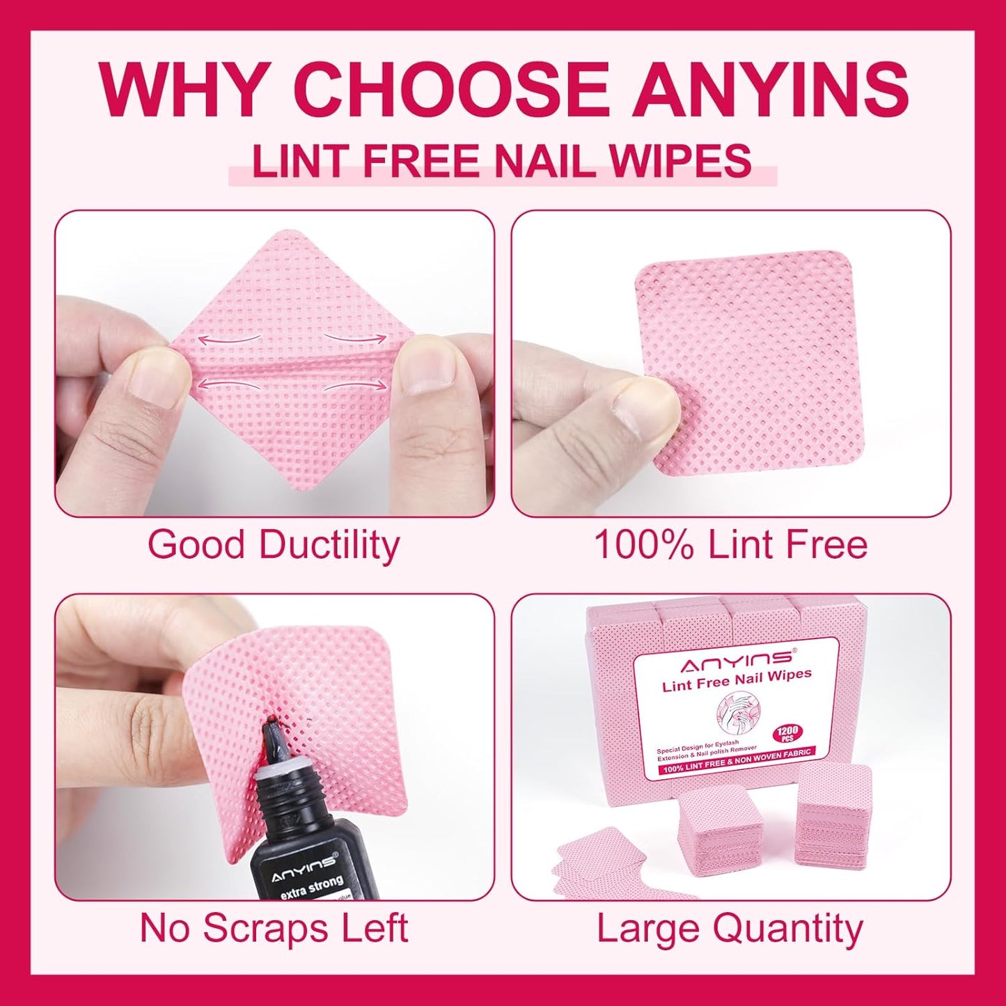 Lint Free Nail Wipes, 1200PCS Pink Lint Free Wipes Non-woven Fabric Gel Polish Remover Super Absorbent Soft Nail Polish Remover for Nail Salon, Home DIY
