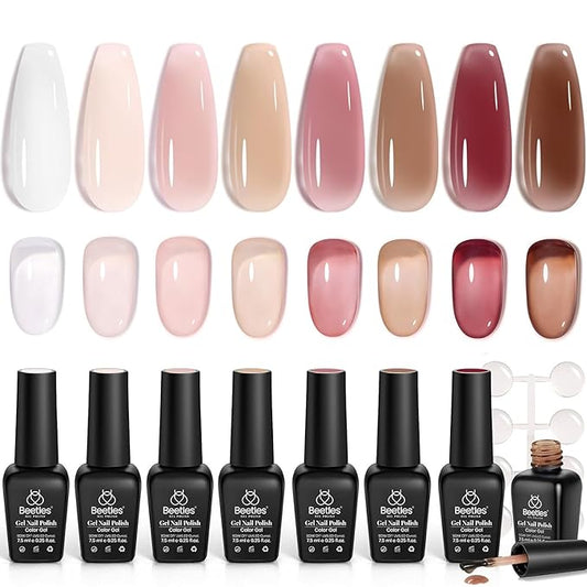 Beetles Jelly Gel Nail Polish Set, 8 Nude Jelly Pink Milky Brown Translucent Colors Gel Nail Polish Sweet Temptation Collection Soak Off LED Nail Art Manicure Kit DIY Salon at Home Gifts for Women