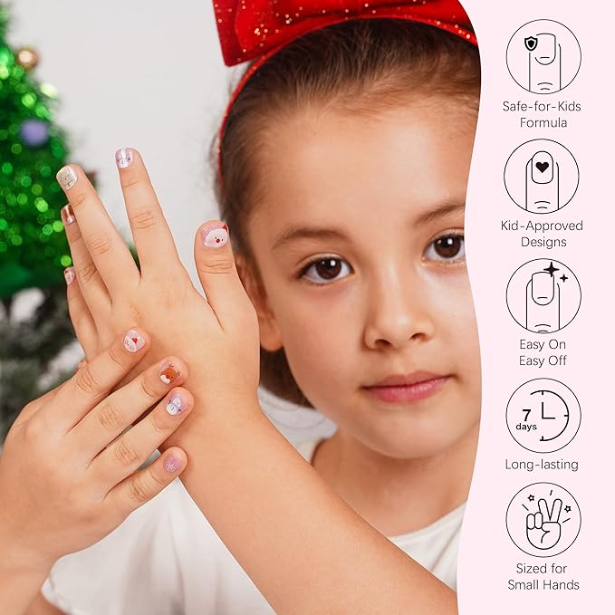 DANNI & TONI Kids Gel Nail Strips Christmas Tree Snowman Reindeer Santa Claus Shimmering Salon-Quality Peel & Stick Manicure for Children (Age 6+)– Safe, Long-Lasting, Easy to Apply | Whimsical Winter