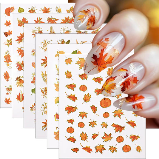 6 Sheets Gold Fall Nail Stickers Autumn Maple Leaf Nail Decals Cute Pumpkin Fox Ginkgo Fallen Leaves Nails Designs 3D Self-Adhesive Thanksgiving Nails Art Supplies for Women DIY Manicure Decorations