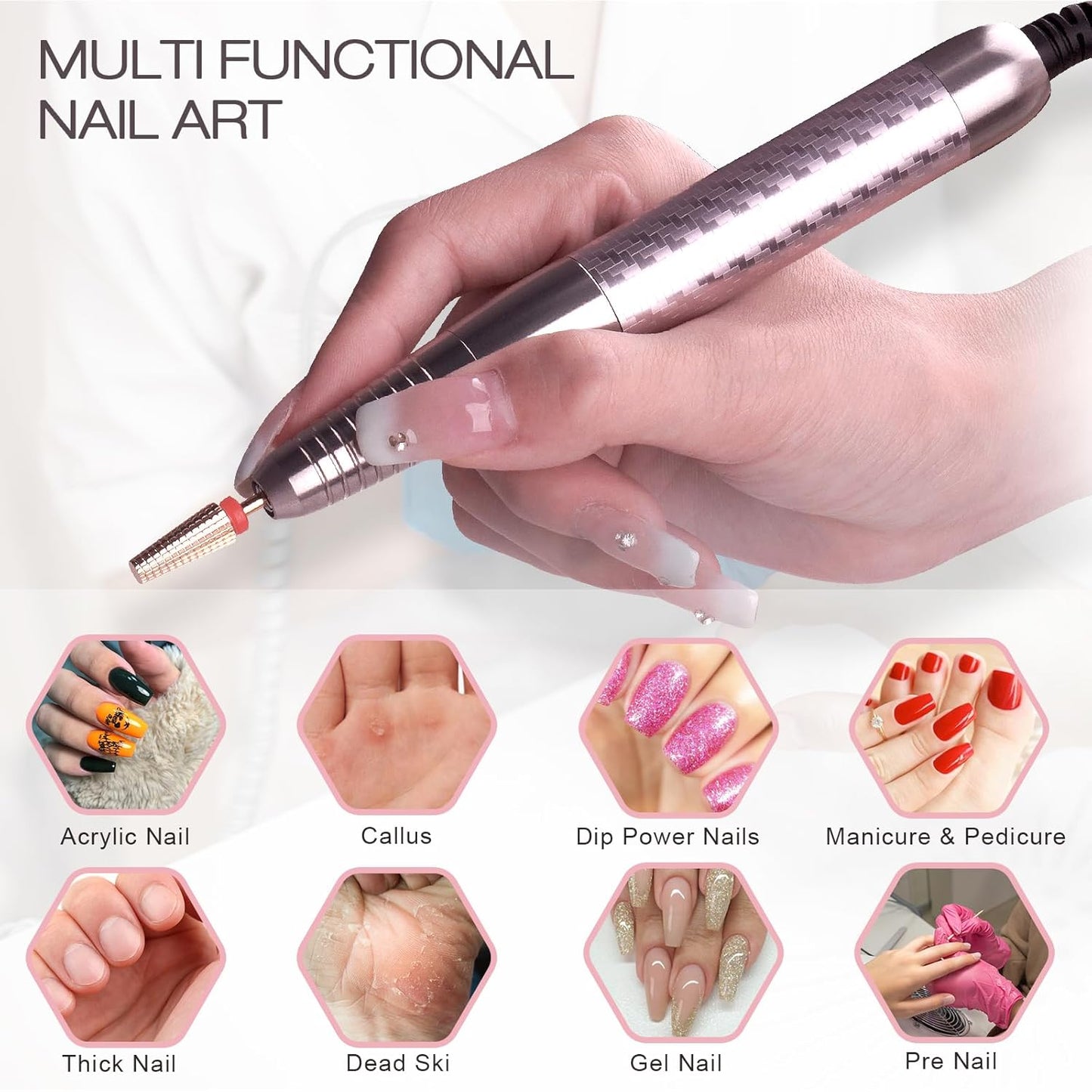 Professional Brushless Nail Drill, AZ GOGO 85W Cordless Electric Nail File 40000RPM Rechargeable Portable Nail Drill Machine for Gel/Acrylic Nails Salon Level （Rose Gold）