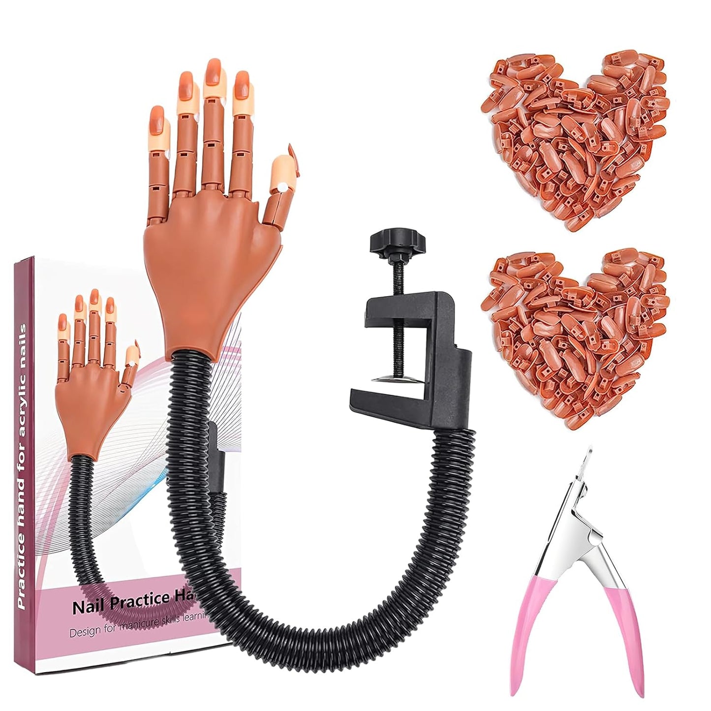 Practice Hand for Acrylic Nails, Flexible Fake Manican Hands Kit for Nails Training Practice, Movable Nail Maniquin Hand with 200PCS Nail Tips, Nail Art Clipper