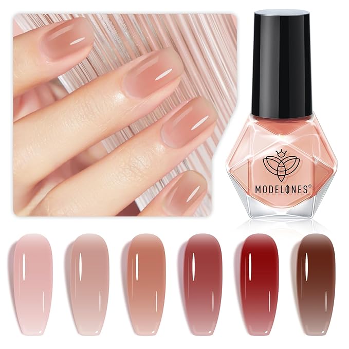 modelones Jelly Nail Polish of 6 Colors Sheer Nude Mini Nail Polish Set Natural Jelly Red Pink Brown Colors Quick Dry Fingernail Polish for DIY Fall Winter Nail Art Salon Home Gift for Women Girl