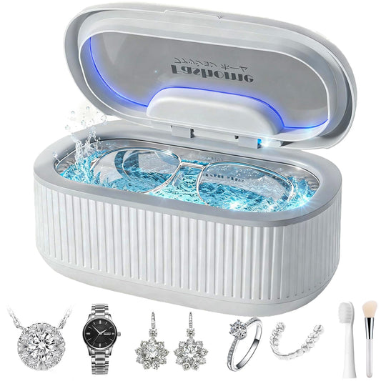 Ultrasonic Jewelry Cleaner with Basket/Holder, Adjustable Power Ultrasonic Cleaner for Retainers, Rings, Eyeglasses, Dentures, Watch Bands - 550ML 20oz w/Lights, 5 Cleaning & Degas Modes