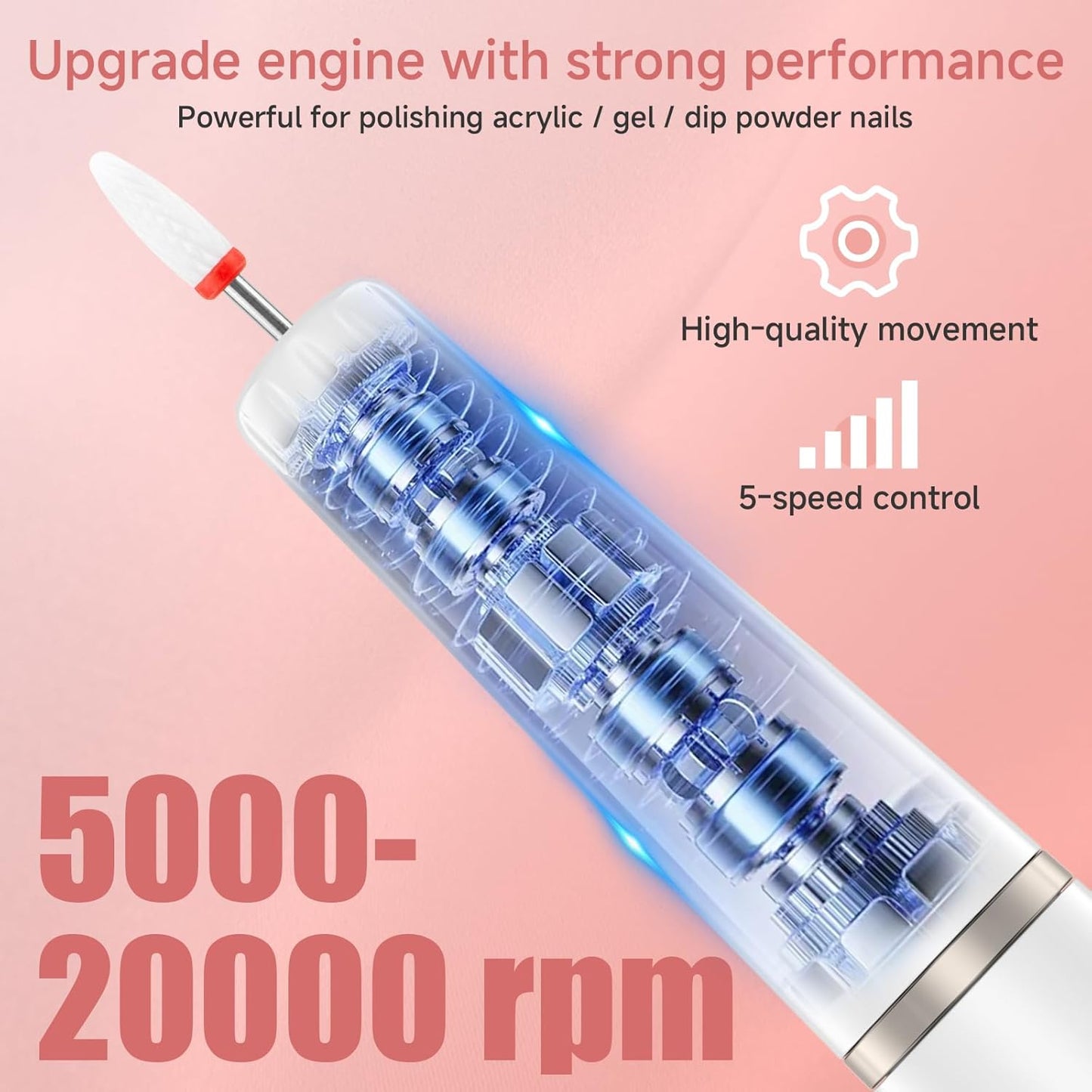 Electric Nail Filer, Professional Nail Drill Kit, Electric Nail Drill Kit, Portable File for Acrylic Gel Nails, Cordless Nail File Electric Manicure Pedicure Tools with Drill Bits for Home Salon
