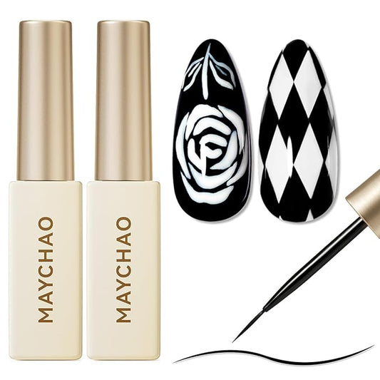 MAYCHAO 2Pcs Black White Gel Liner Nail Art Set 3D Effect Gel Nail Polish 8ml Build in Thin Brush Metal Painted Drawing Stripper Nail Varnish Curing Requires for Home Salon