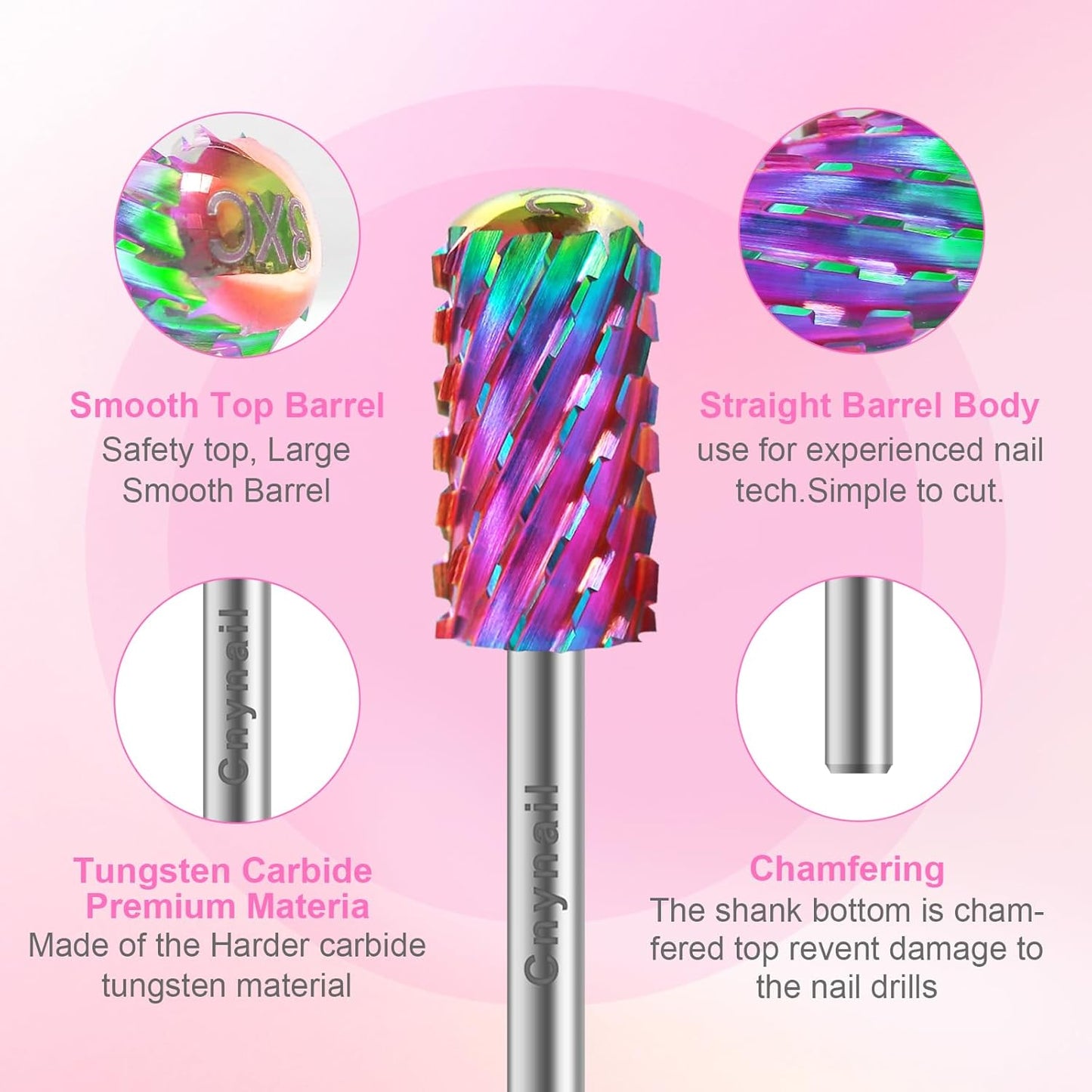 3/32" 2PCS Large Barrel Smooth Round Top Tungsten Carbide Nail Drill Bit Safety Bit for Gel & Acrylic Removal, 2-Way Rotating Efile Tip, Salon Electric File Accessory (3XC Grit, Multicolor)